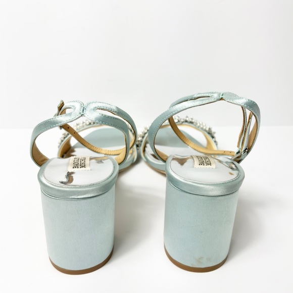 BADGLEY MISCHKA CLARA WOMEN SANDAL HEELS SATIN BLUE SIZE 10 - Picture 4 of 9